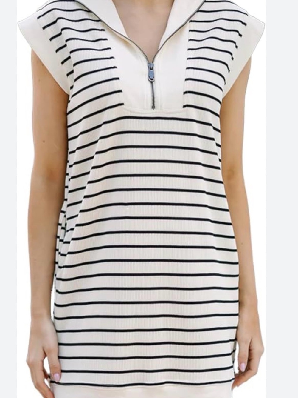 entro Cream & Black Striped Zip-Front Knit Top